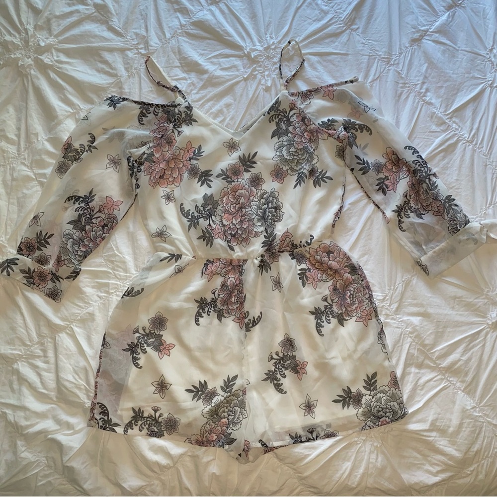 DONATED Women’s White Flowy Romper with Light Pink Flowers